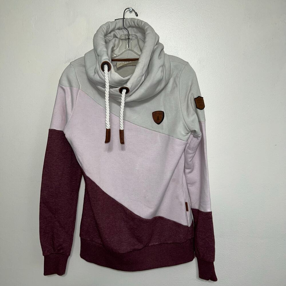 Wanakome Cowl Neck Color Block Hoodie S Gray Pink Burgundy
